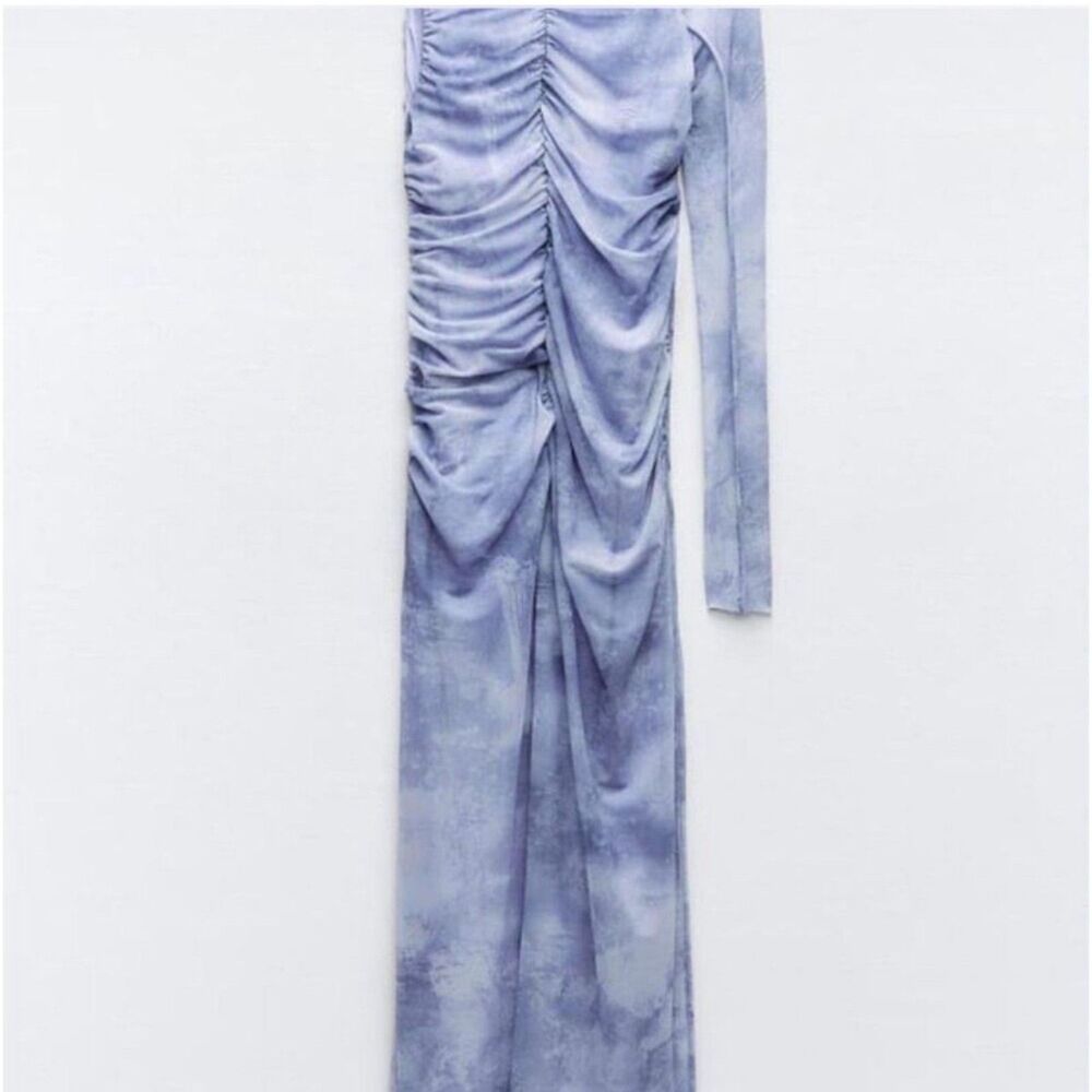 ZARA One Sleeve Asymmetrical Tulle Mesh Lined Midi Dress Blue Size Small - Picture 2 of 8